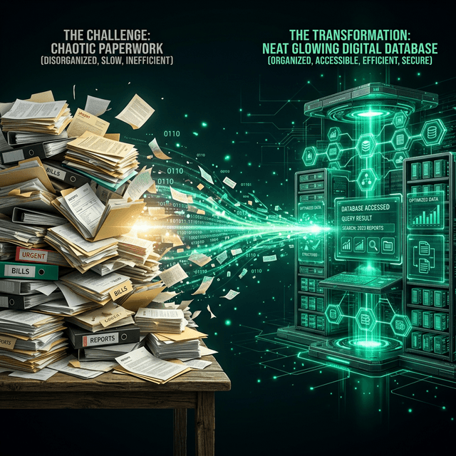 Hyperrealistic 3D infographic showing a chaotic pile of paperwork turning into a neat glowing digital database