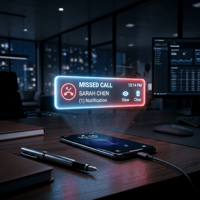 Hyperrealistic 3D infographic of a glowing smartphone missed call notification
